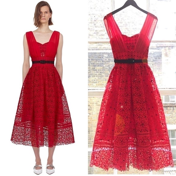 SELF-PORTRAIT Floral Crochet Lace Sweetheart Neck Sleeveless Fit & Flare Dress 4 - Picture 2 of 12